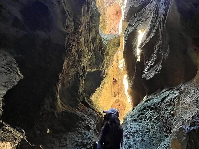Person blickt in einer engen, hohen Höhle nach oben, während von oben Sonnenlicht einfällt.